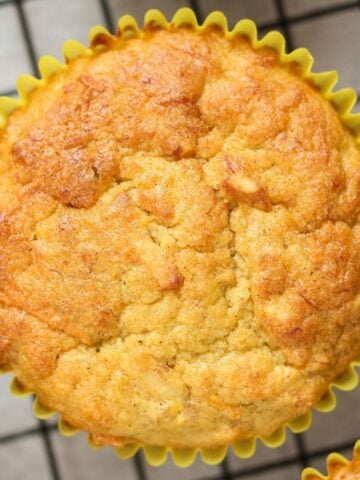 overhead view of a carrot banana muffin close up.