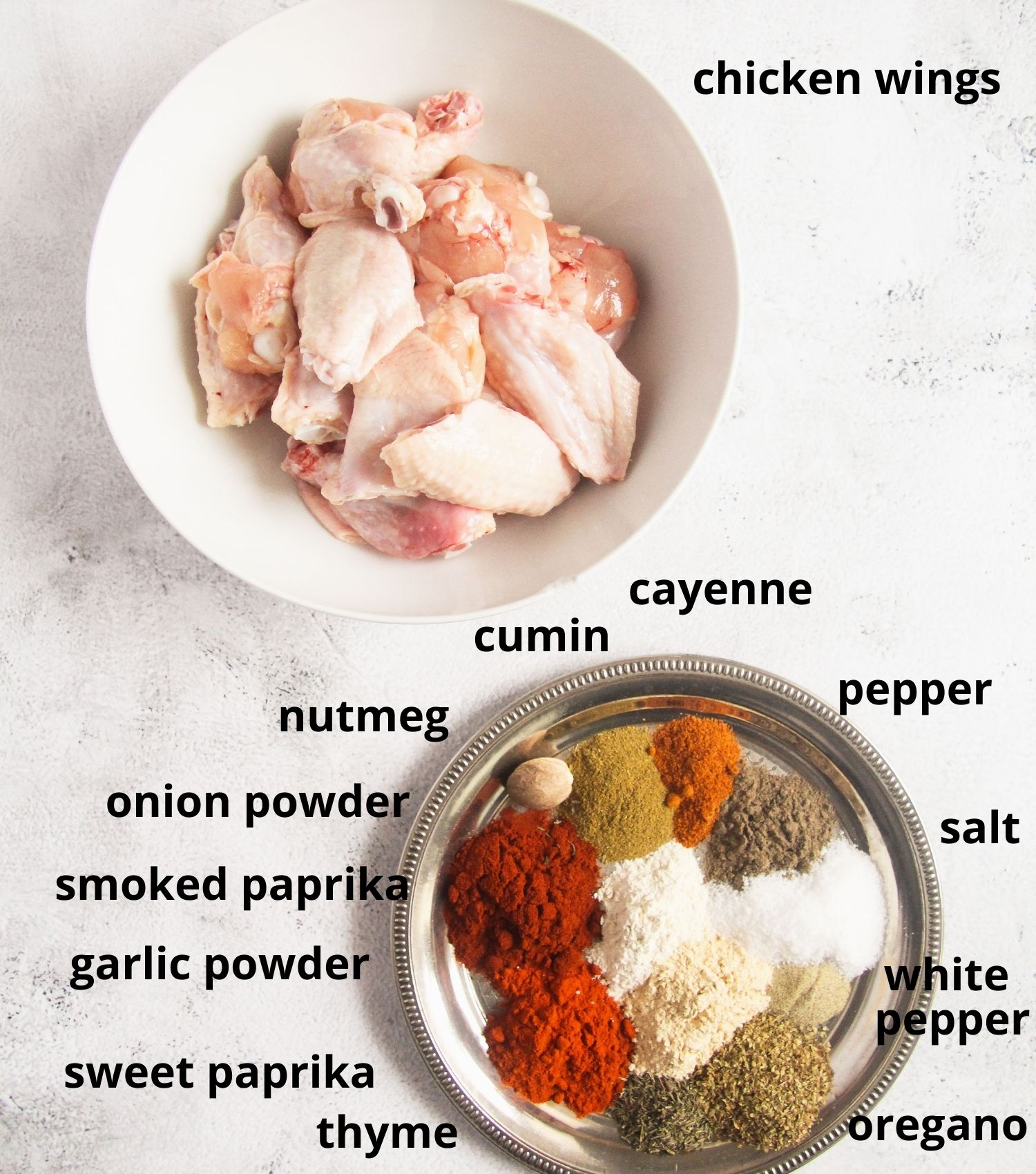 listed ingredients needed for baking cajun wings.