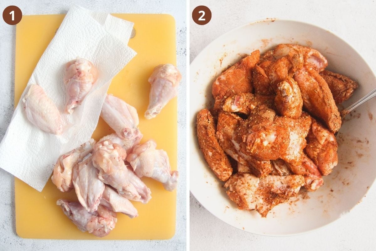 collage of two pictures of drying and dry rubbing chicken wings.
