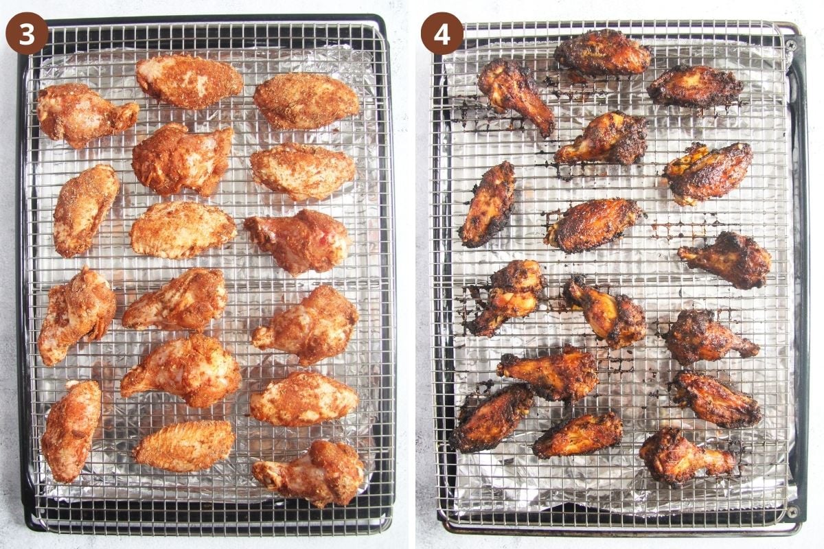 collage of two pictures of chicken wings on rack before and after baking.
