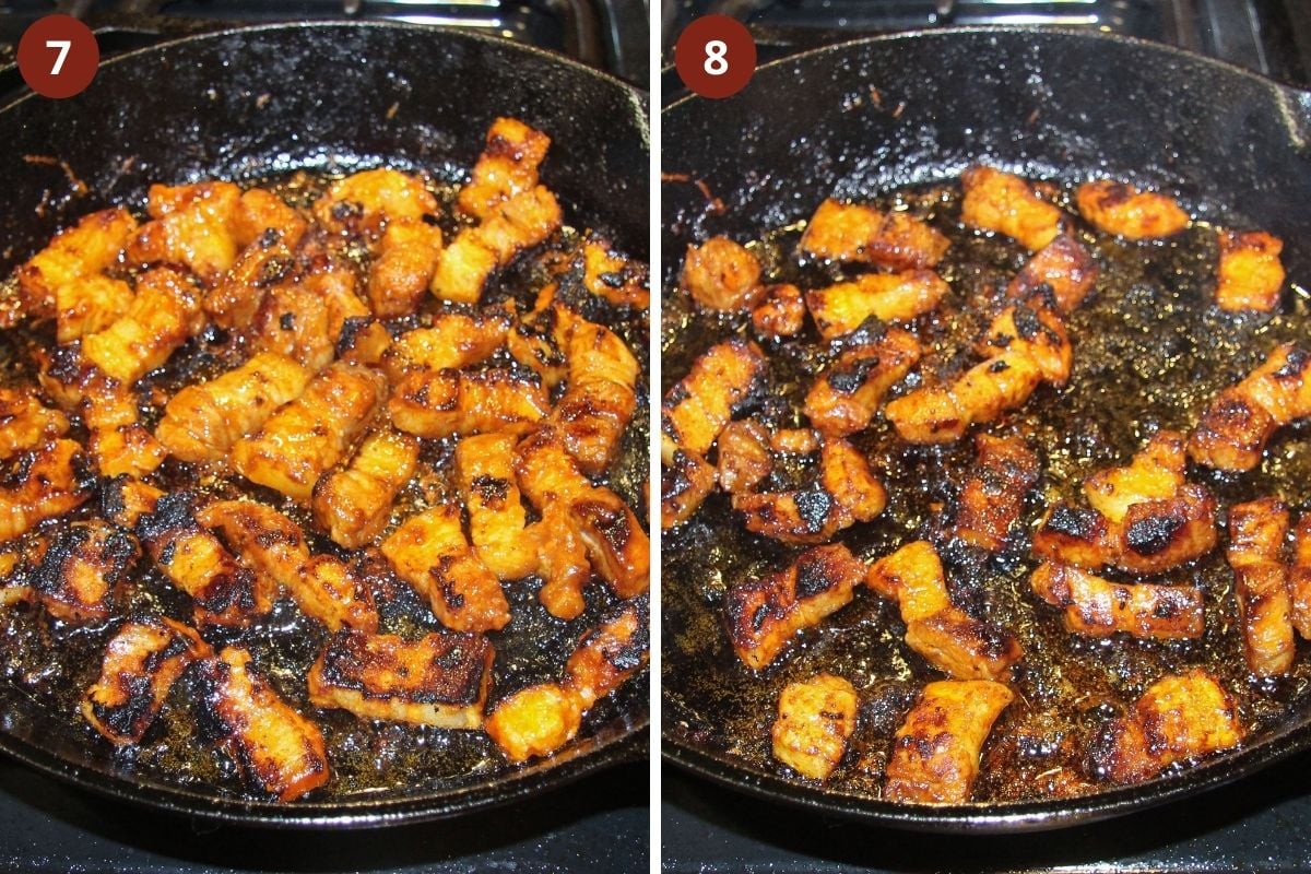collage of two pictures of frying pork belly bites in a pan.