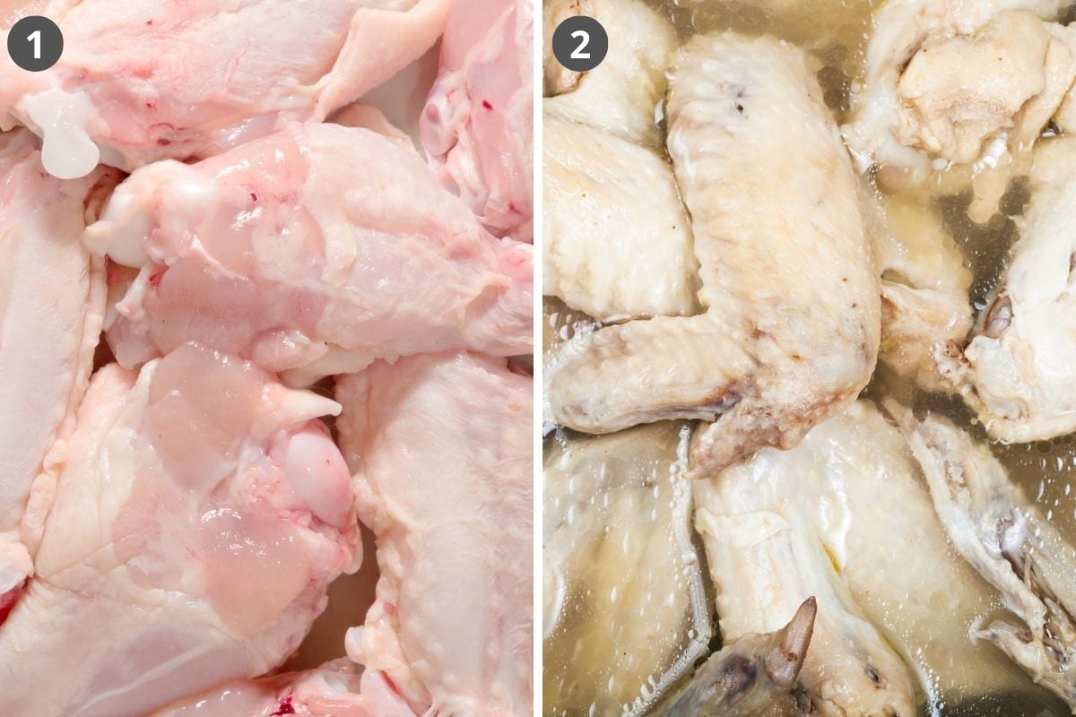 collage of two pictures of raw and parboiled chicken wings.