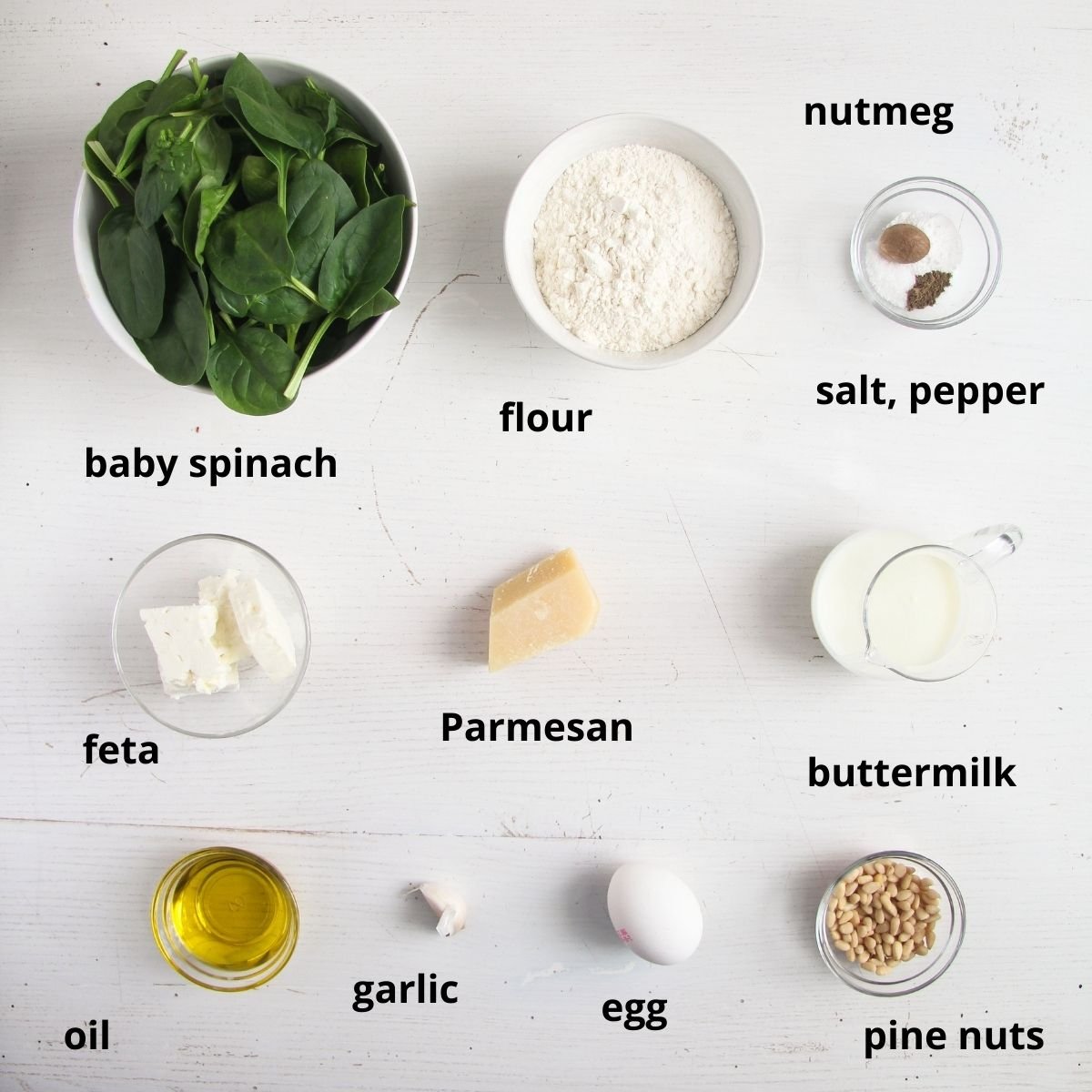 listed ingredients for spinach and feta muffins.