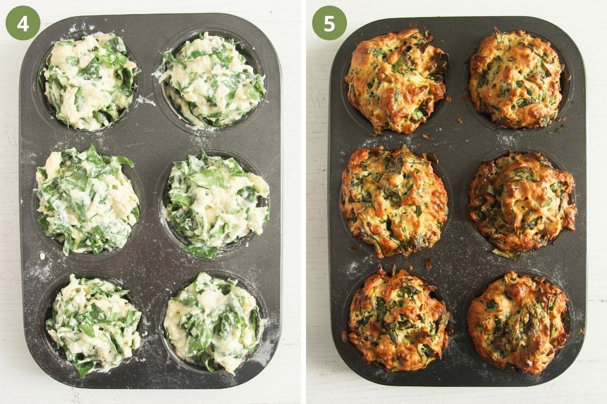 collage of two pictures of unbaked and baked spinach muffins in a tin.