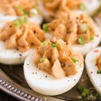 spicy cajun deviled eggs close up.