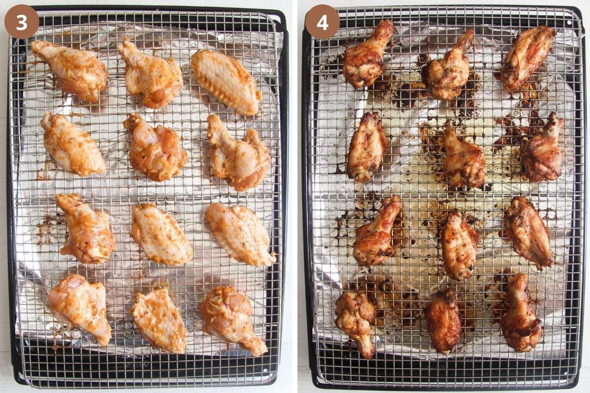 wings on a wire rack and baking sheet before and after baking.