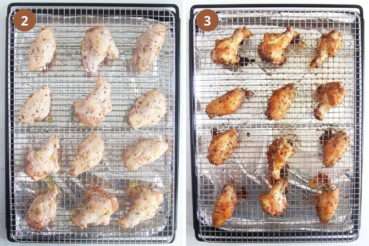 collage of two pictures of chicken wings on a baking sheet before and after cooking.