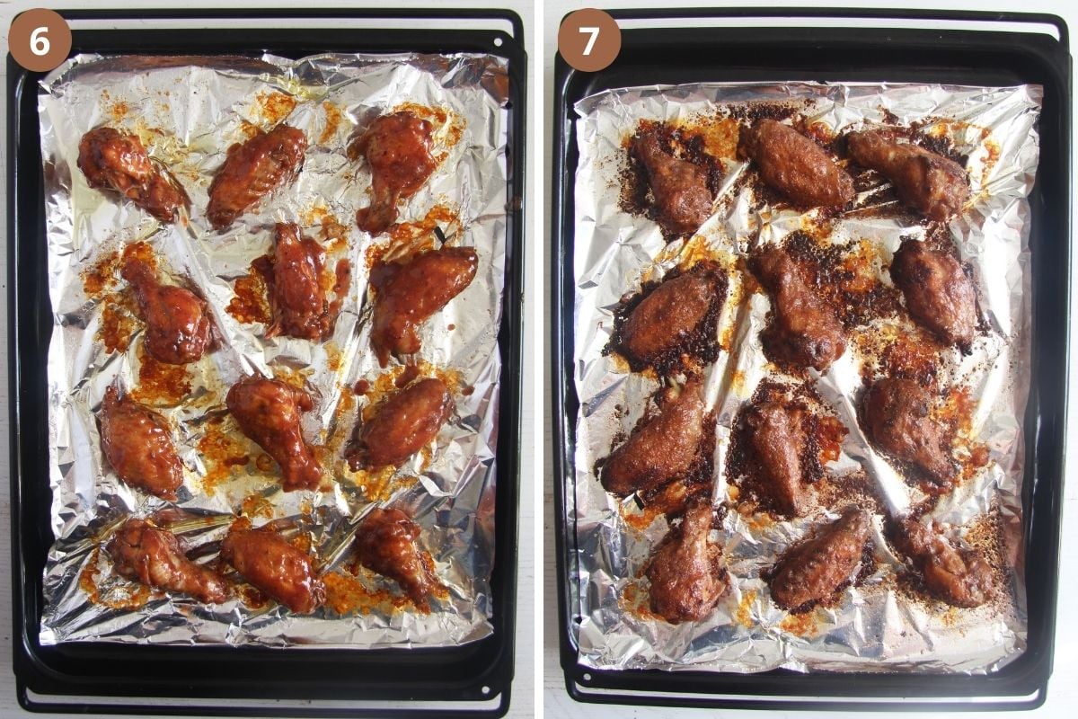 collage of two pictures of wings on a baking tray before and after glazing.
