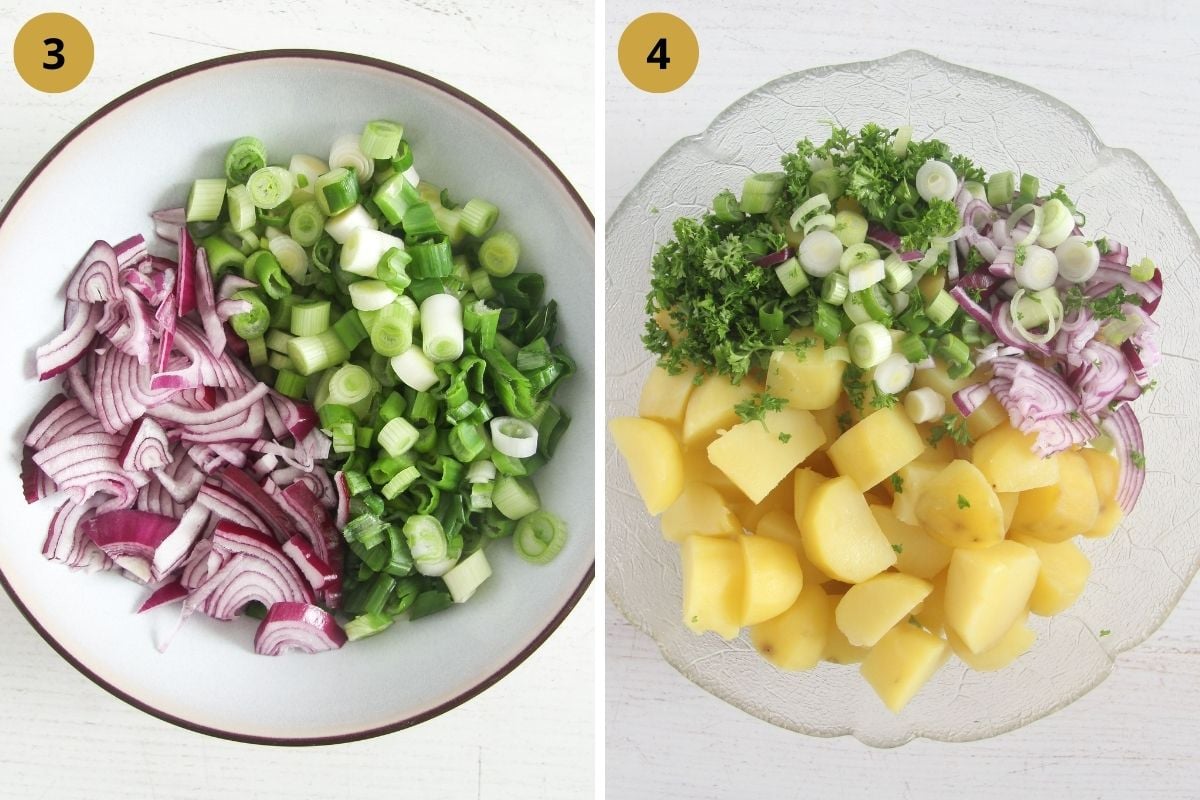 collage of two pictures of chopped onions and ingredients for potato salad in a bowl.
