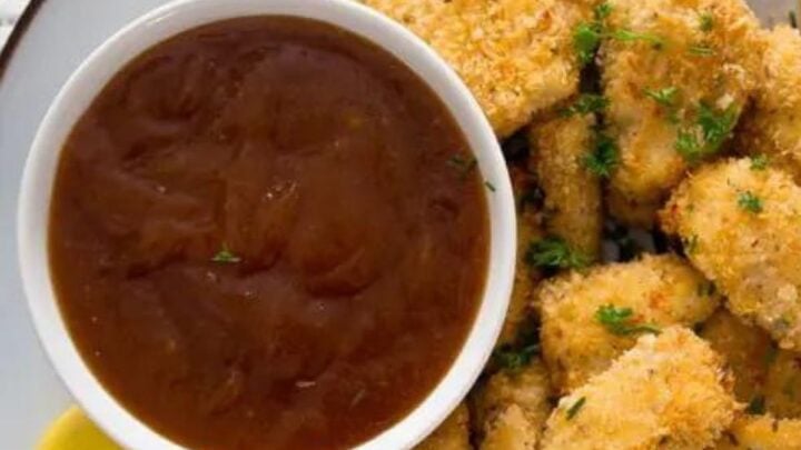 sweet and sour sauce and chicken nuggets.