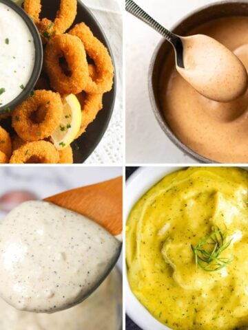 collage of four pictures of different dipping sauces for calamari.