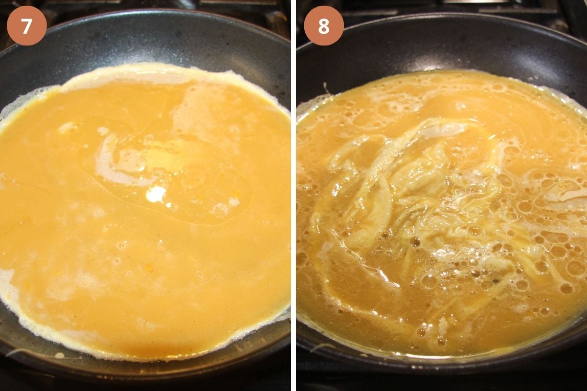 collage of two pictures of making scrambled eggs in a pan