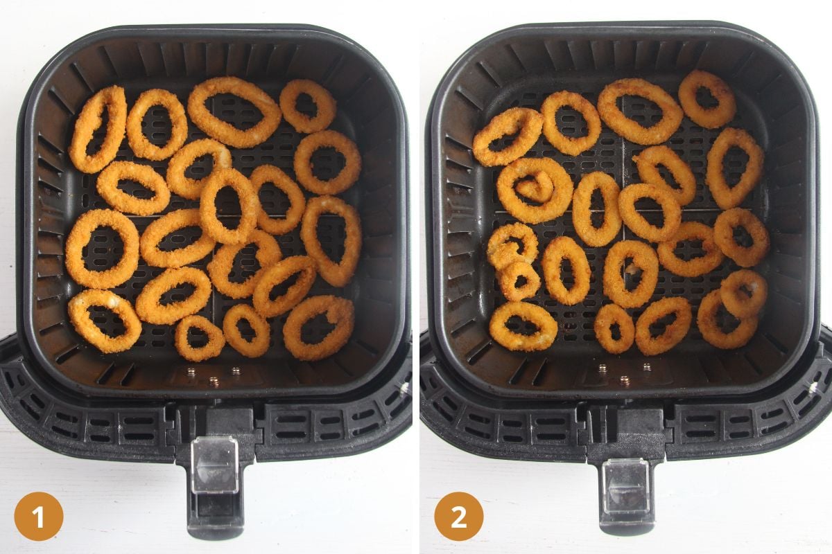 frozen breaded calamari rings in an air fryer before and after cooking, two images.