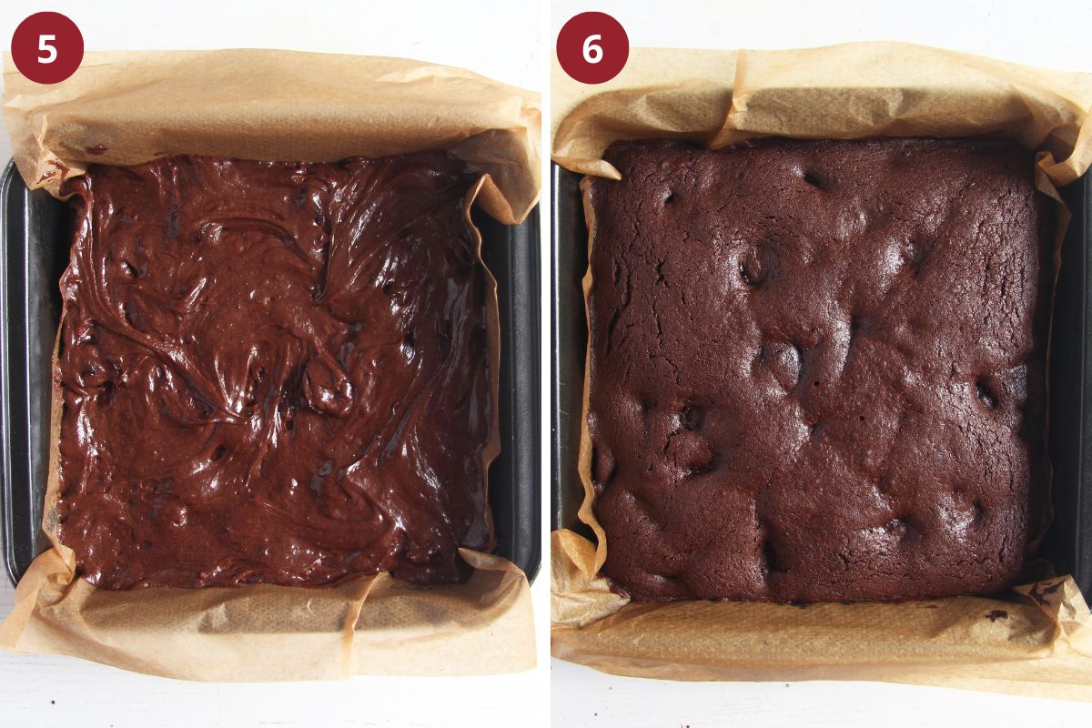 collage of two pictures of unbaked and then baked brownies in the baking dish.