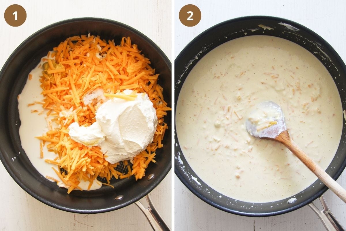 collage of two pictures of making cheese sauce in a pan.