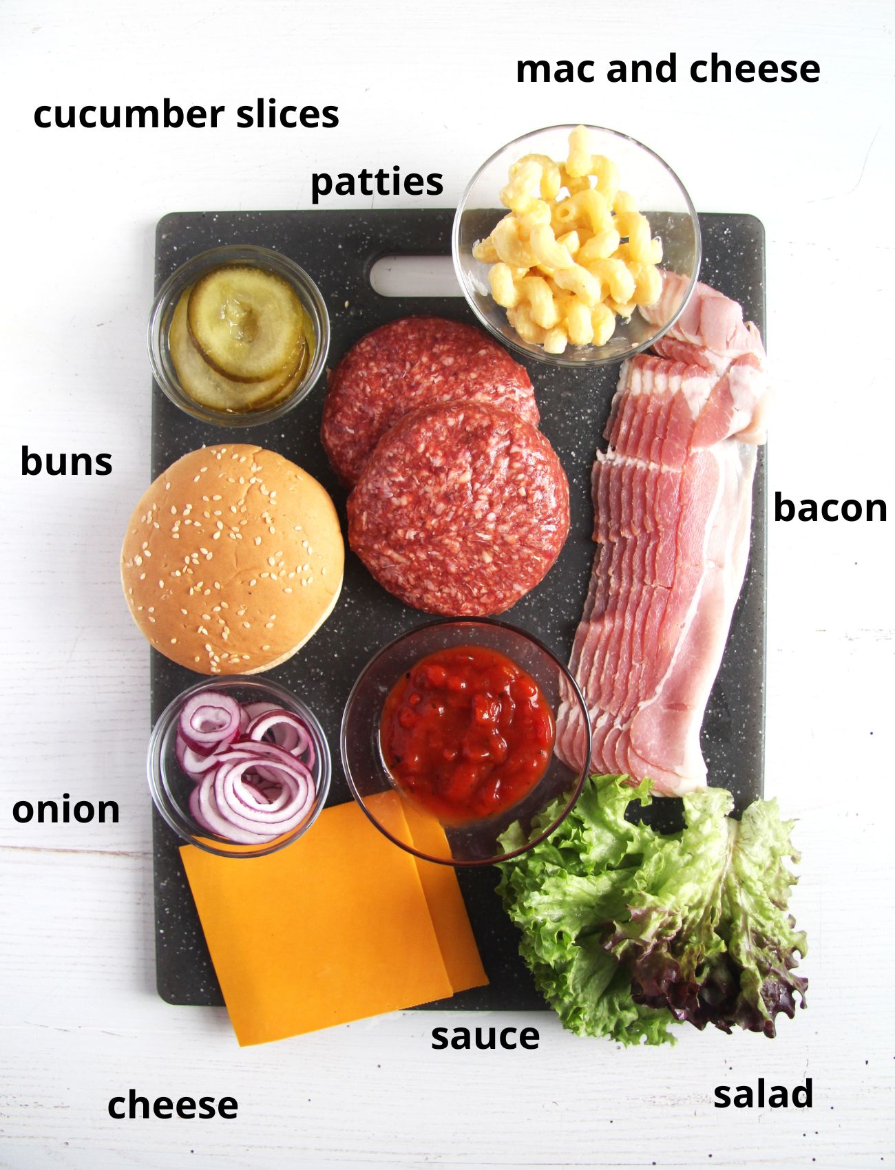 listed ingredients patties, mac and cheese, buns, salad, onion, suace, cucumbers, cheese.