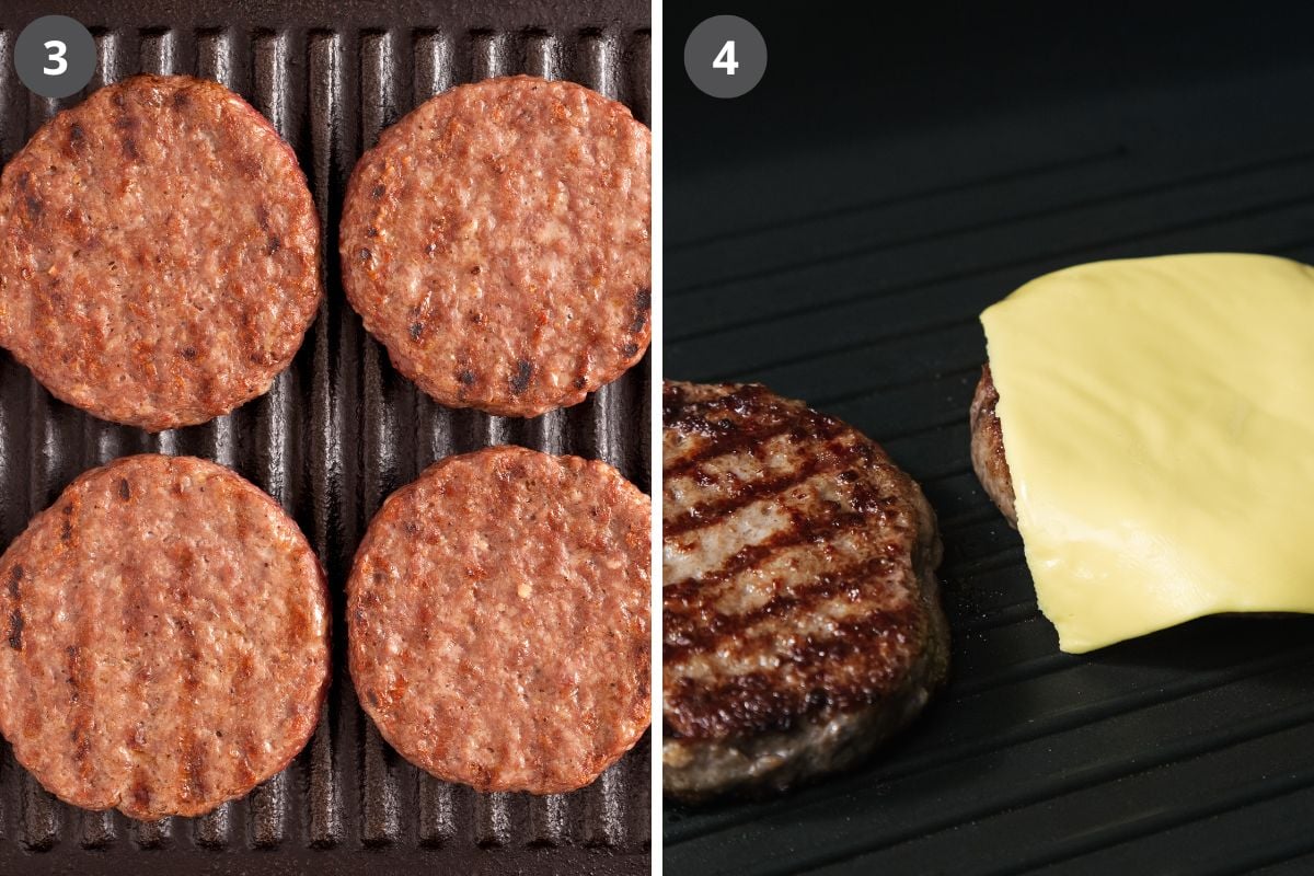 collage of two pictures of cooking beef patties in a grill pan and adding cheese.