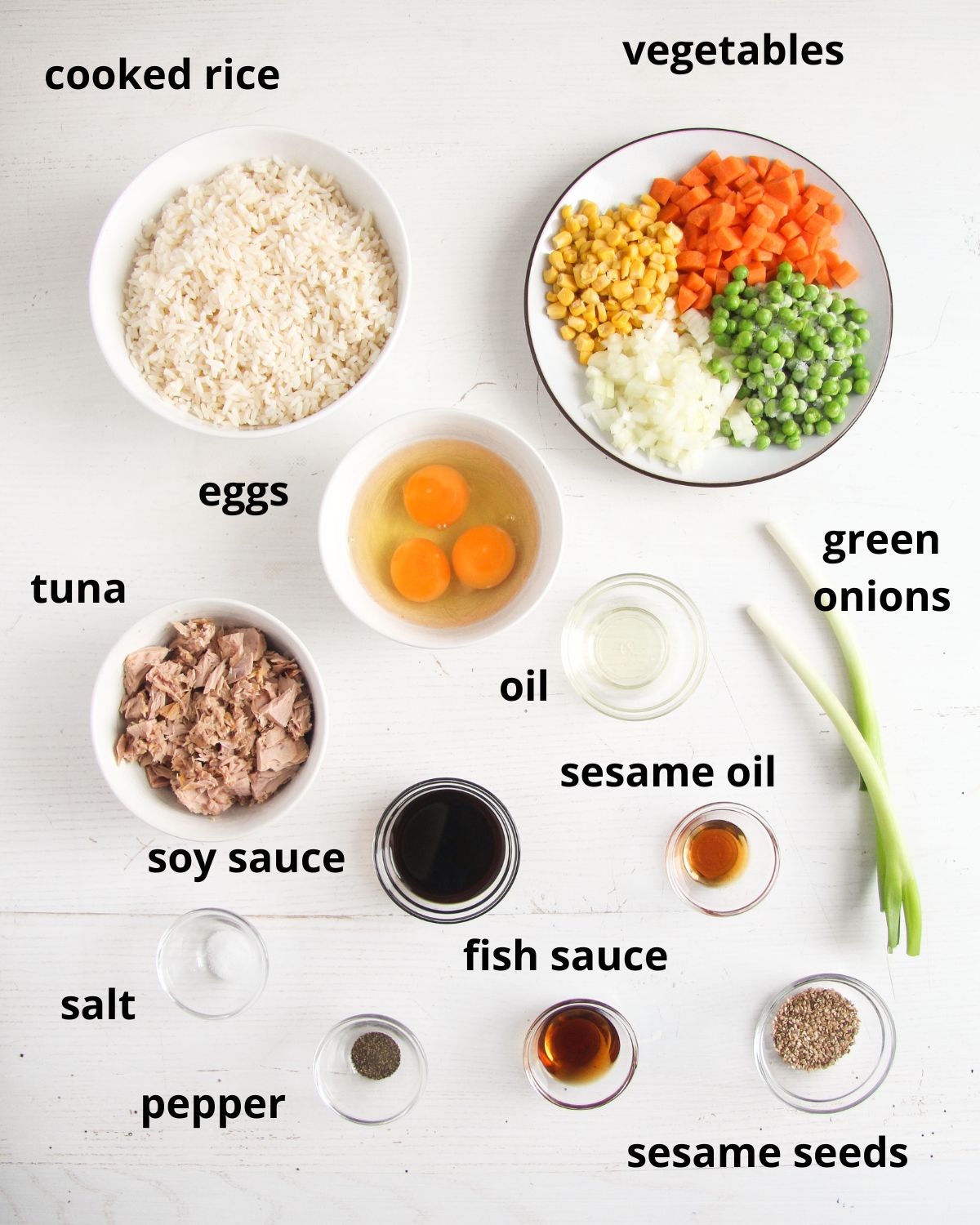 listed ingredients for cooking fried rice with tuna, vegetables and eggs.