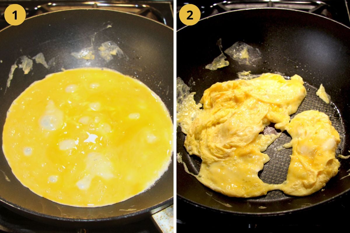 collage of two pictures of cooking scrambled eggs in a pan.