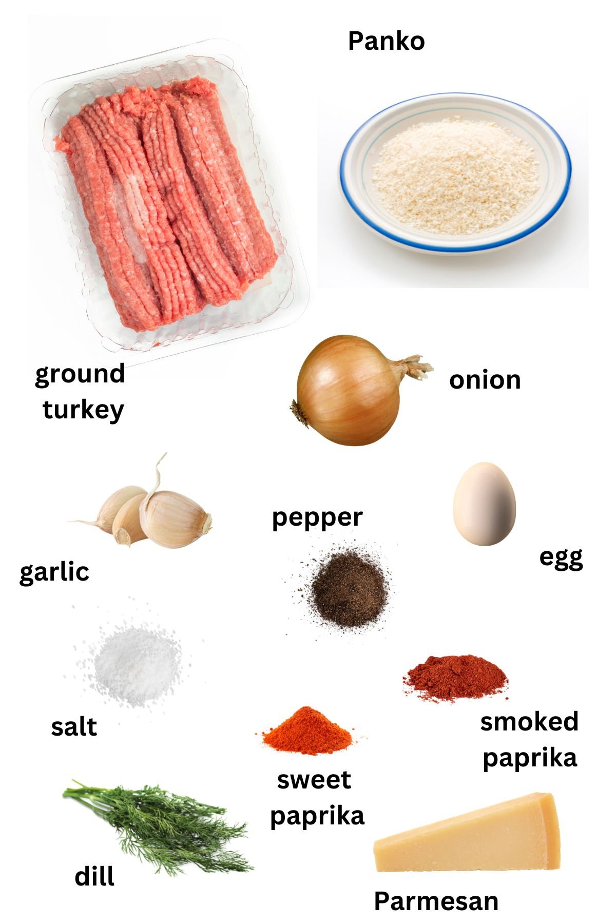 listed ingredients for making meatballs with ground turkey meat.