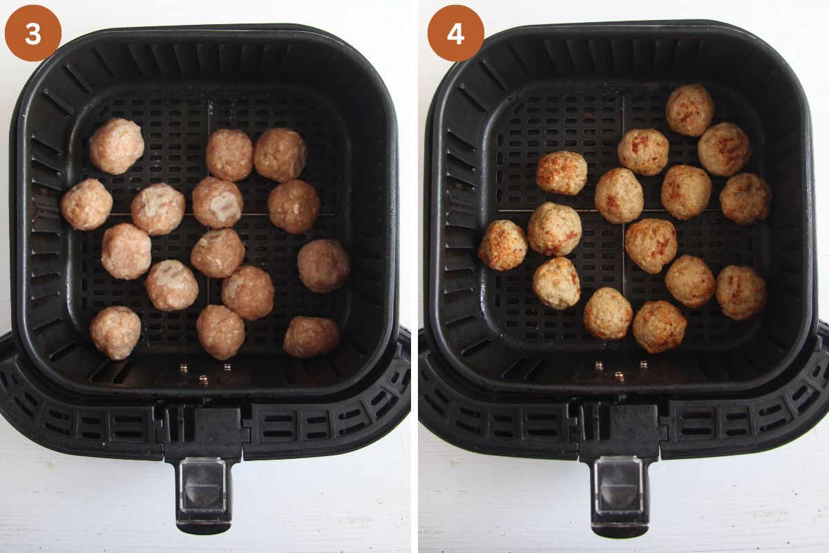collage of two picture of turkey meatballs in air fryer basket before and after cooking.