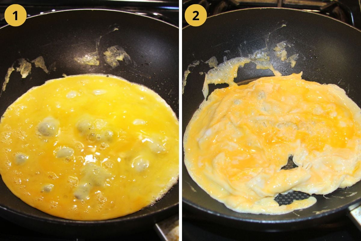collage of two pictures of scrambling eggs in a nonstick pan.