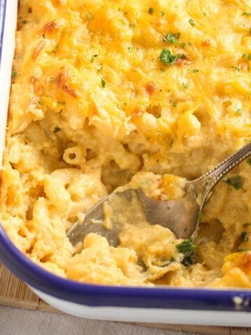 close up old-fashioned baked mac and cheese in a baking dish.