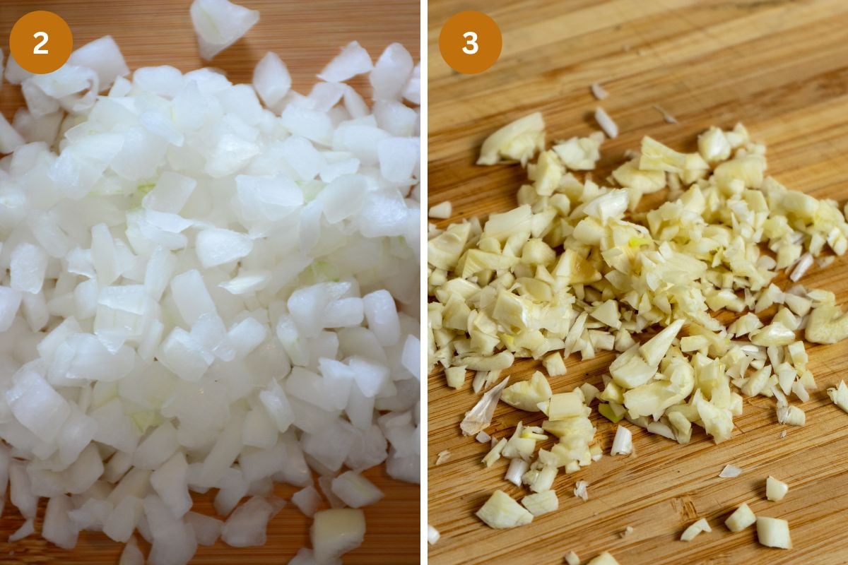 collage of two images of chopping onions and garlic on a cutting board.