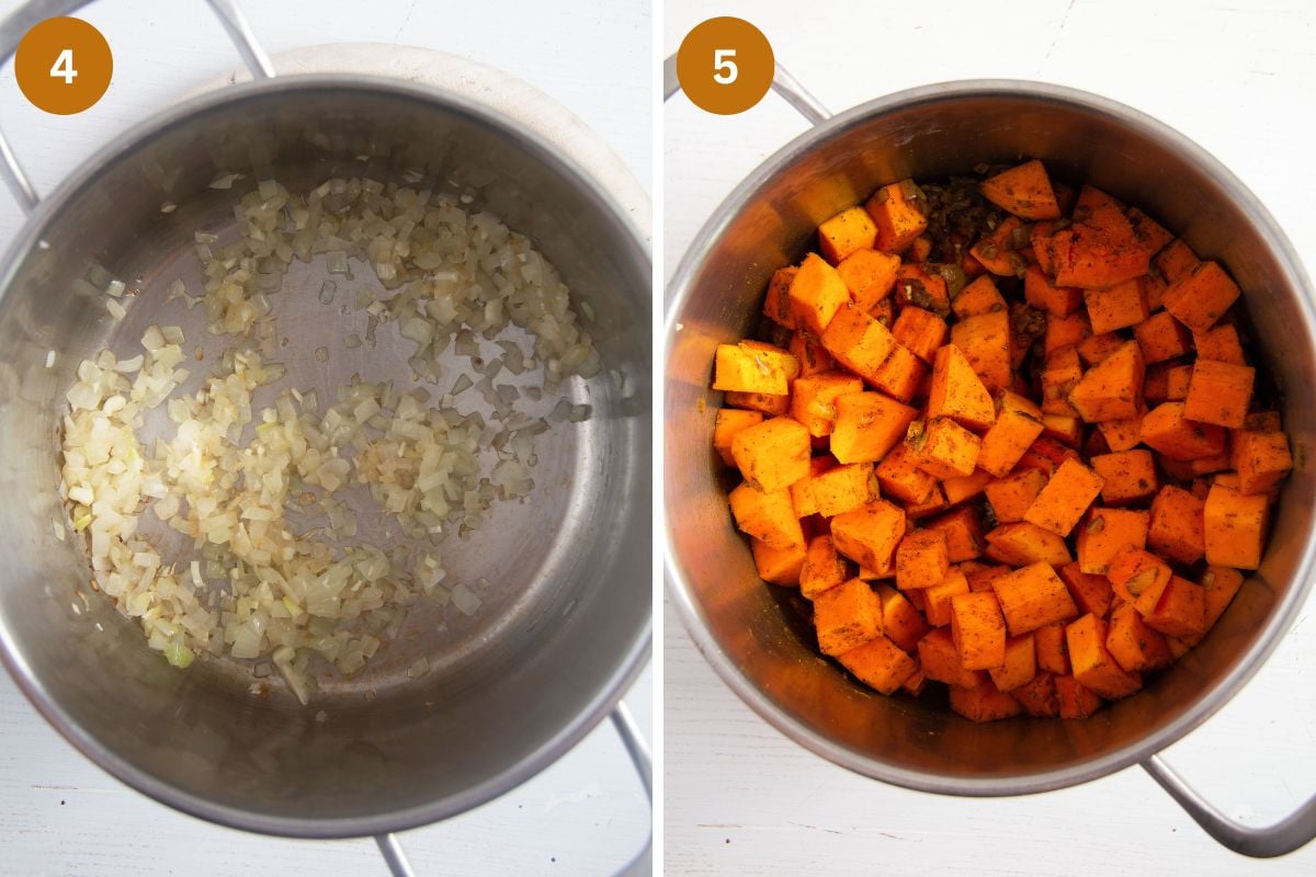 collage of two pictures of sauteing onions and then pumpkin and sweet potatoes in a pot.