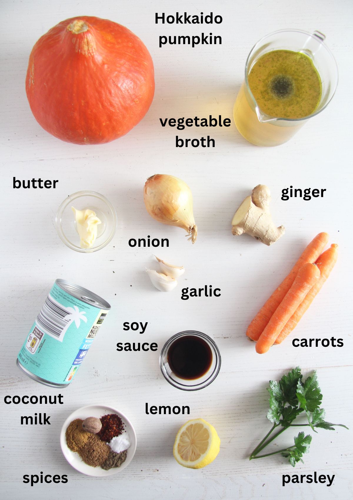 listed ingredients for making soup with carrots, coconut milk and carrots.
