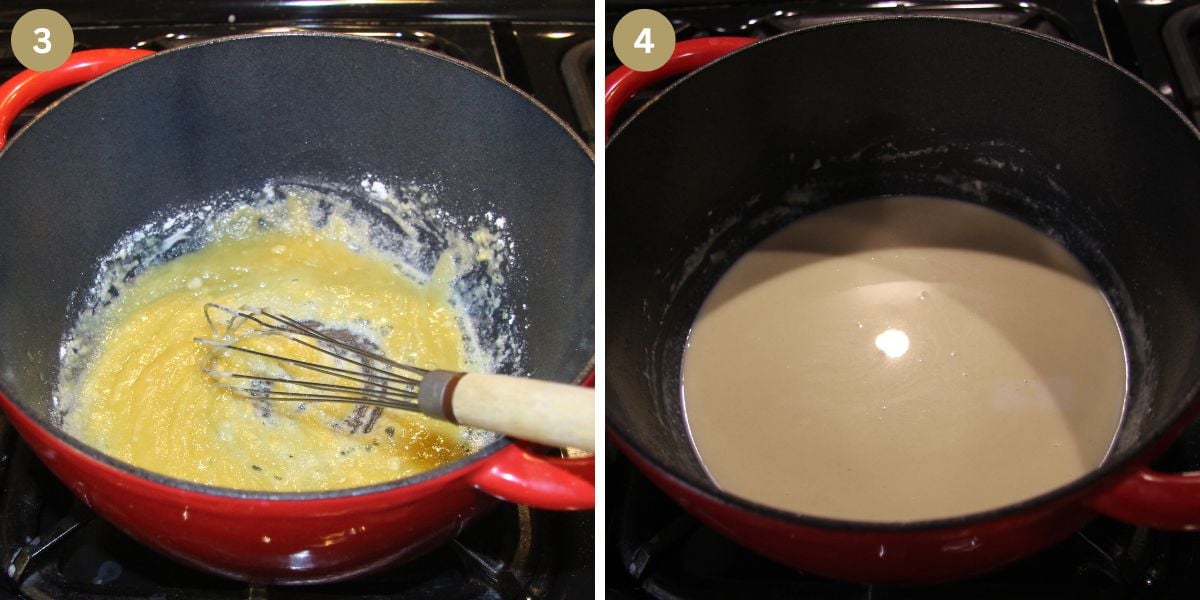 collage of two pictures of making roux with milk and cream.