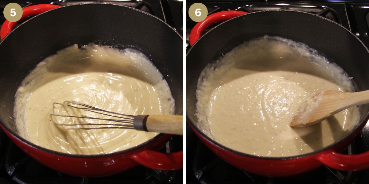 collage of two picture of whisking and cooking cheese sauce in a pot.