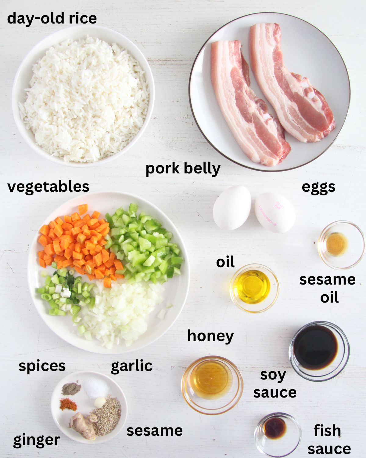 listed ingredients for making fried rice with pork, vegetables and sauce.