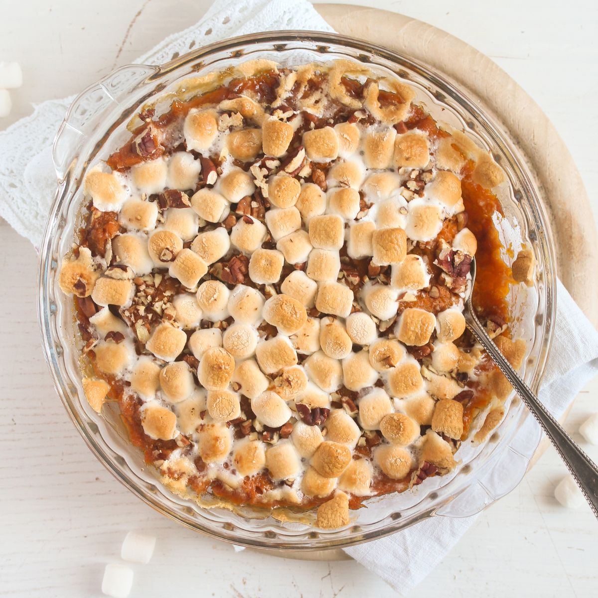 old fashioned sweet potato casserole topped with marshmallows.