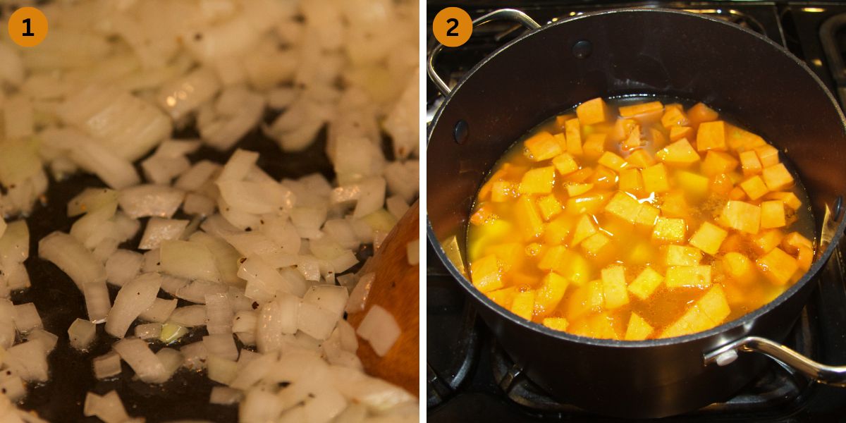 collage of two pictures of sauteing onions and sweet potatoes in a red pot.
