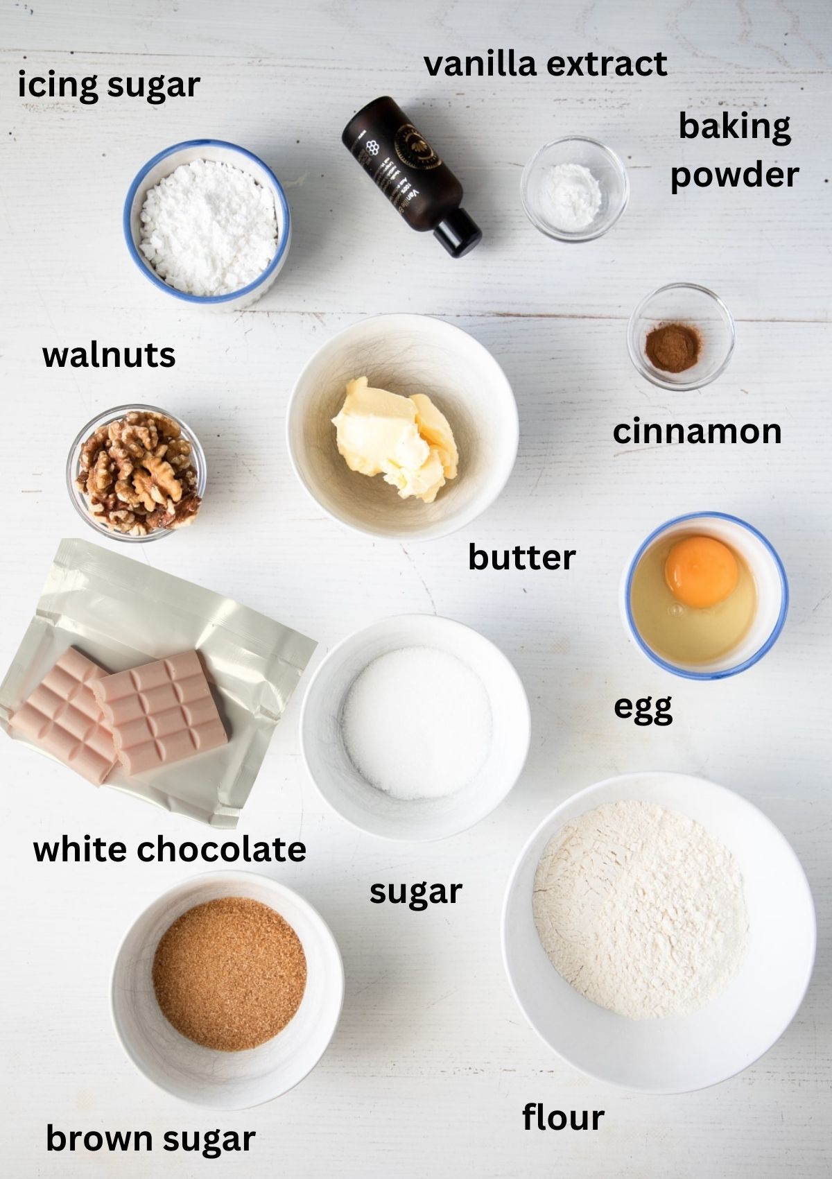 labeled ingredients for cookies with walnuts and white chocolate.
