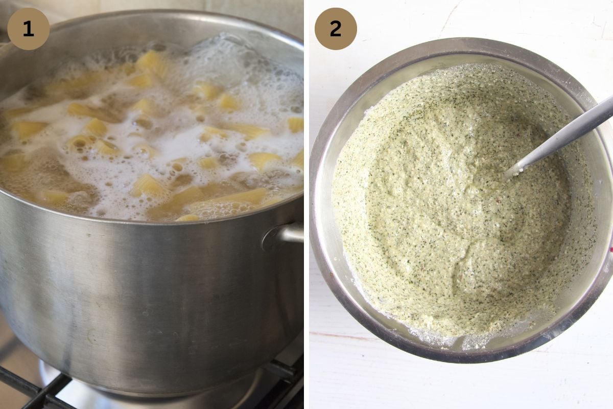 collage of two pictures of macaronio boiling in a pot and pesto ricotta sauce in a bowl.