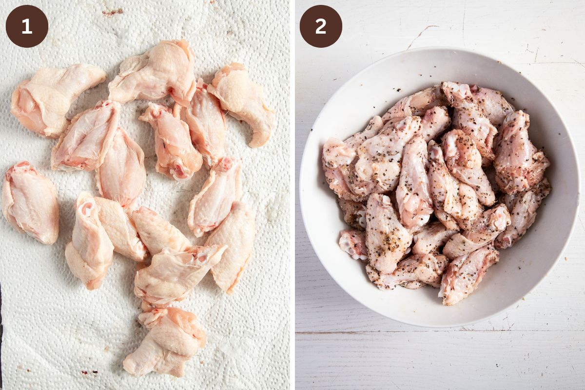 collage of two pictures of drying and then seasoning raw wings.