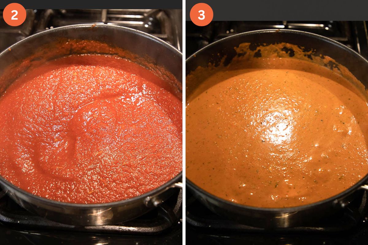collage of two picture of cooking tomato sauce in a saucepan and adding cream cheese.
