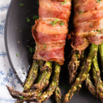 air fried asparagus bundles wrapped in bacon.