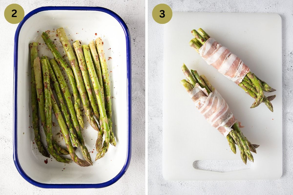 collage of two pictures of seasoned asparagus and then wrapped in raw bacon slices.