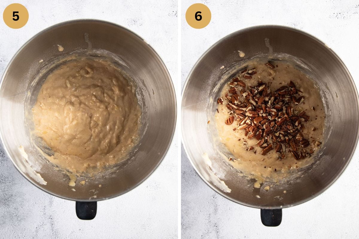 collage of two pictures of stirring batter and adding pecans to it.