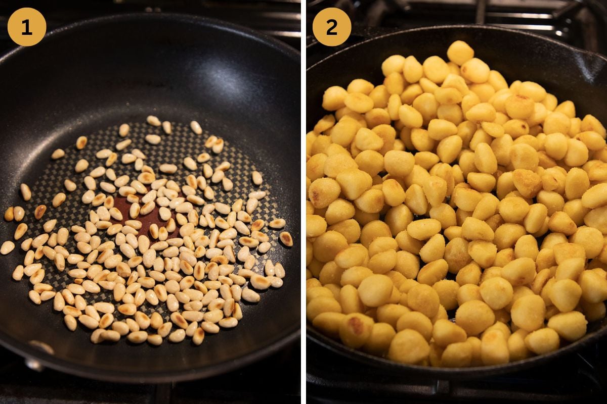 collage of two pictures of frying pine nuts and then gnocchi in a skillet.