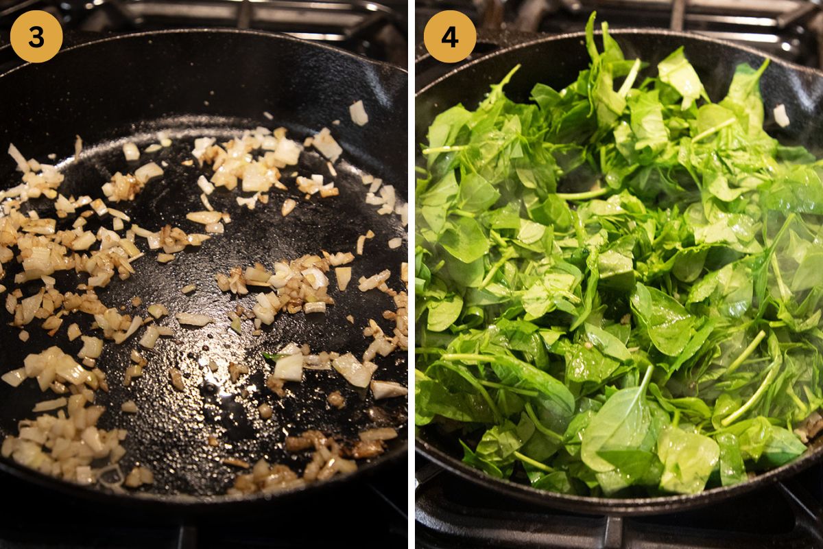 collage of two pictures of cooking onions and then spinach in a skillet.