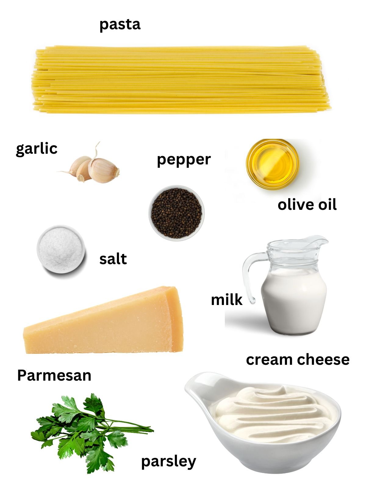 listed ingredients for cooking pasta with cream cheese sauce.