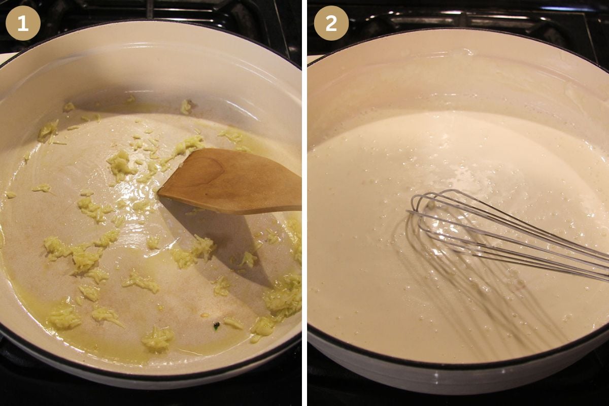 collage of two pictures of frying garlic and adding cream cheese and milk to a pan.