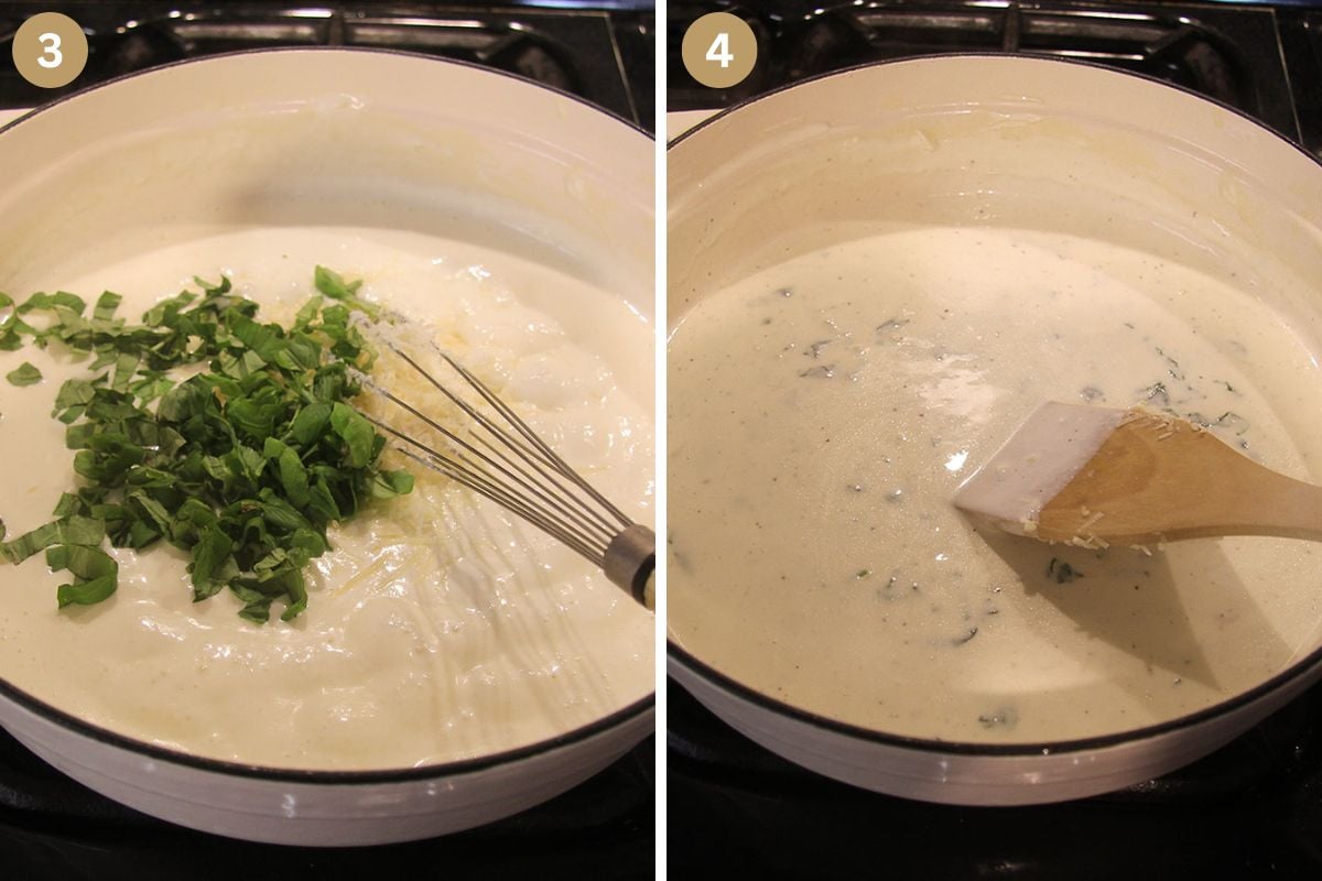 collage of two pictures of adding herbs and mixing them in sauce in a pot.