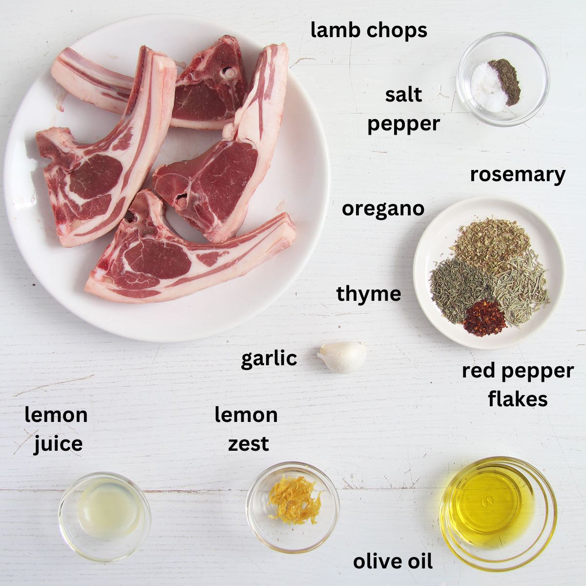 listed ingredients for lamb chops with turkish marinade.