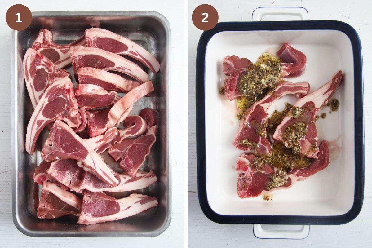 raw lamb chops in a roasting tin and then marinating in another dish.