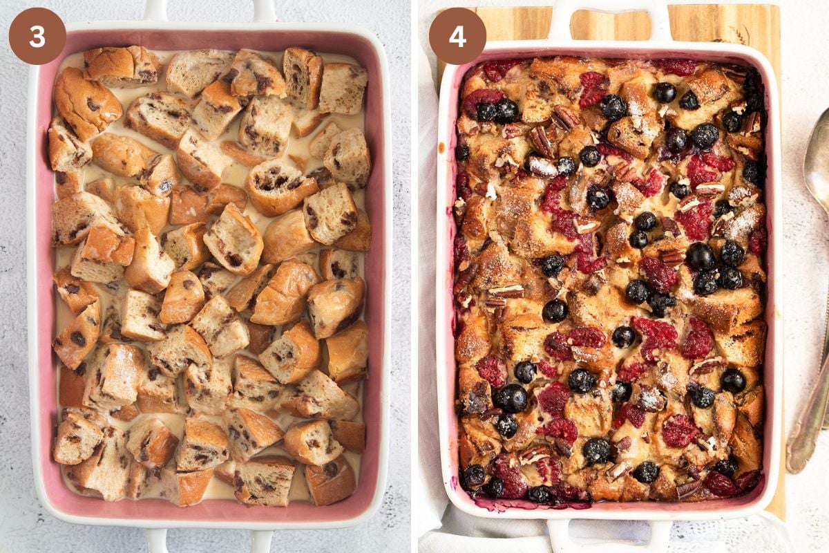 collage of two pictures of soaked and then baked french toast casserole.